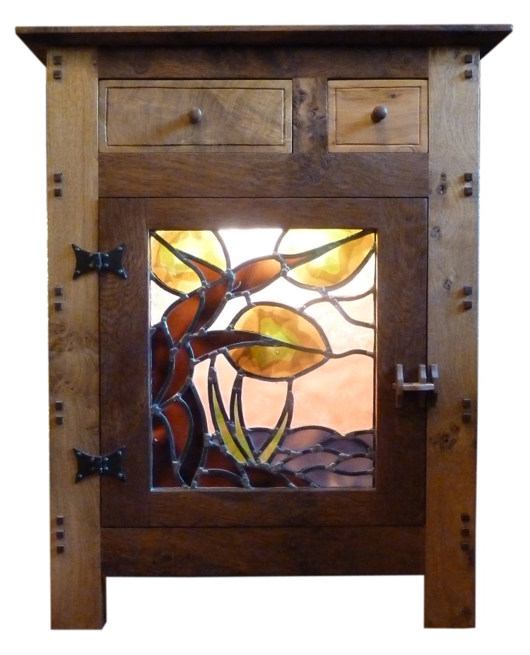 Oak cupboard with stained glass panel by Jenia Gorfunkel